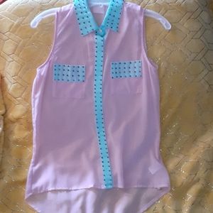 Pink blouse with light blue accents